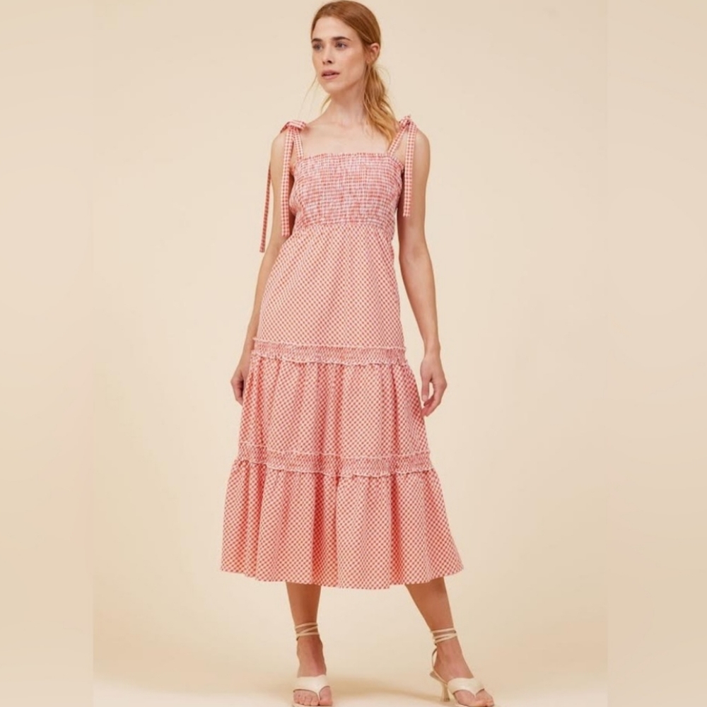 Moodie Gingham Smocked Midi Dress SzM